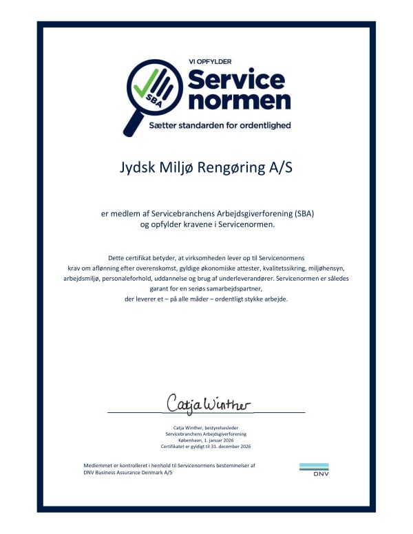 Servicenormen-certifikat 2026 udstedt til Jydsk Miljø Rengøring A/S